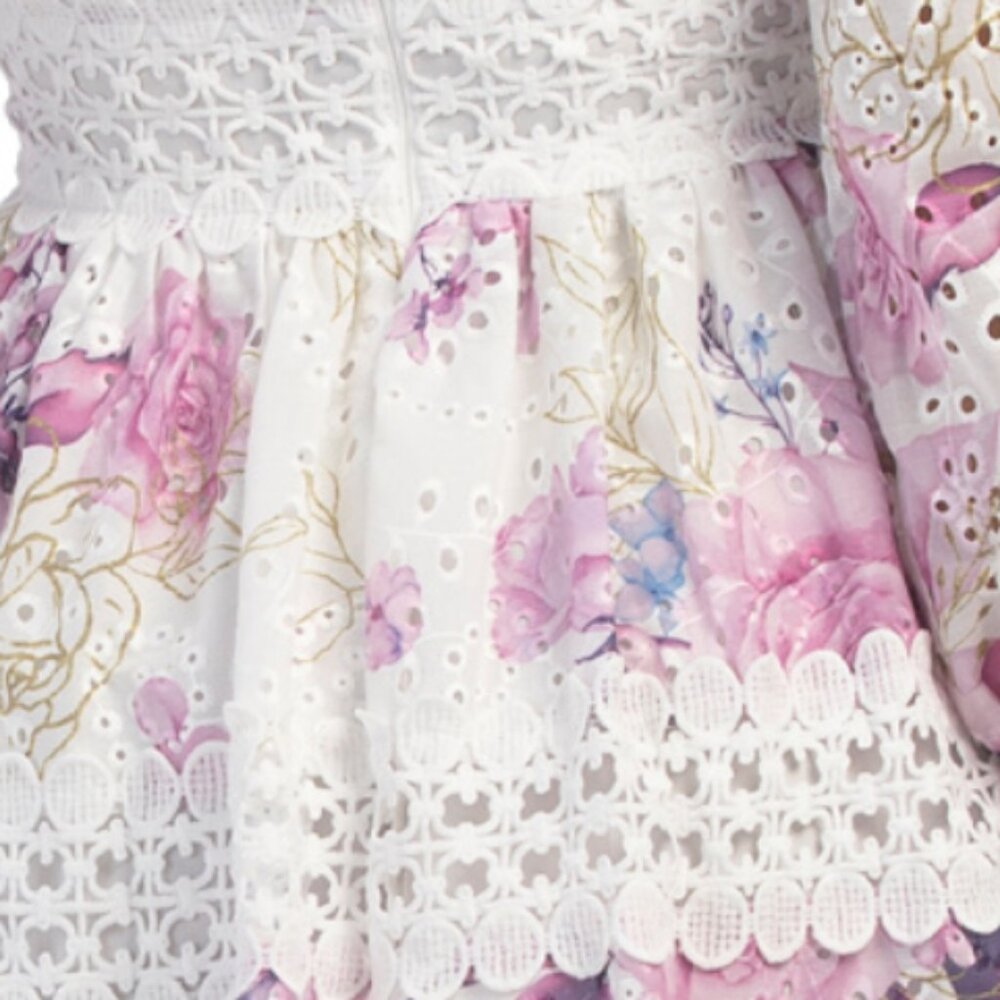 DALIA MACPHEE Long Sleeve Floral Eyelet Lace Trim Mini Dress - Picture 6 of 6